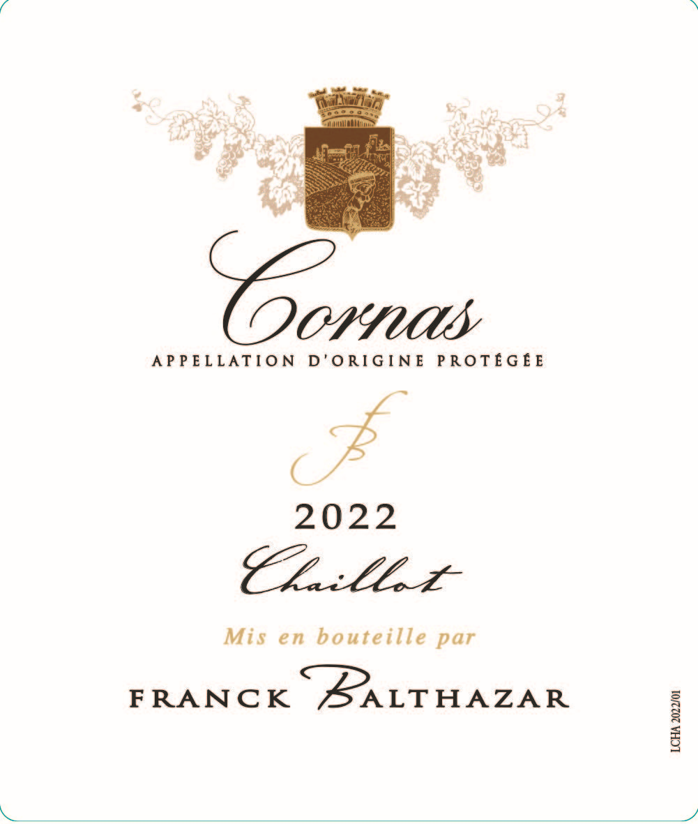 Franck Balthazar Cornas Chaillot, illustrative front label featuring 2022, not a bottle photograph. Wine offered: 2015, 75cl.