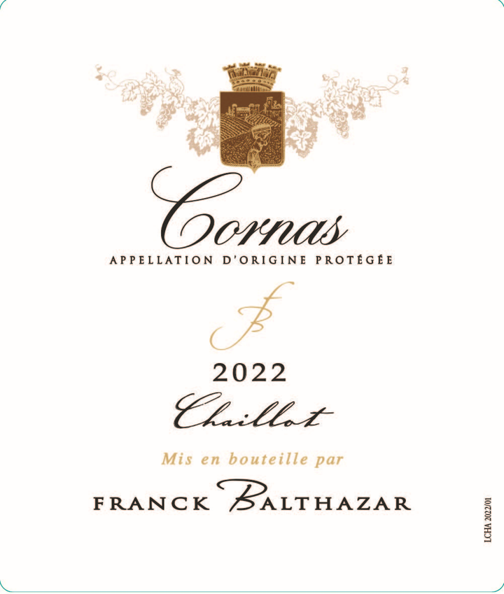 Franck Balthazar Cornas Chaillot, illustrative front label featuring 2022, not a bottle photograph. Wine offered: 2015, 75cl.