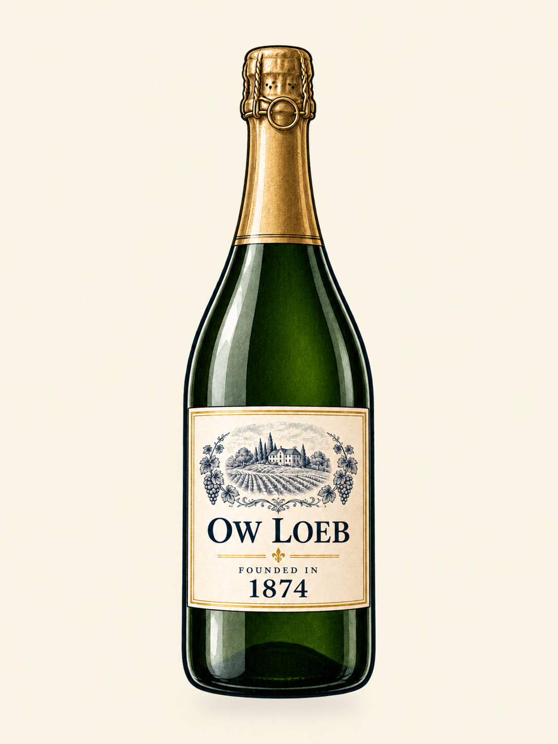 OW Loeb sparkling wine illustration, founded 1874. Illustrative image.