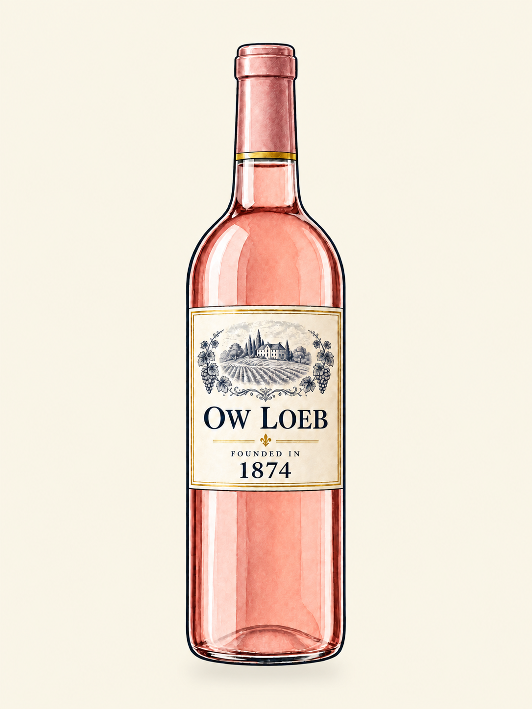 OW Loeb rosé wine illustration, founded 1874. Illustrative image.