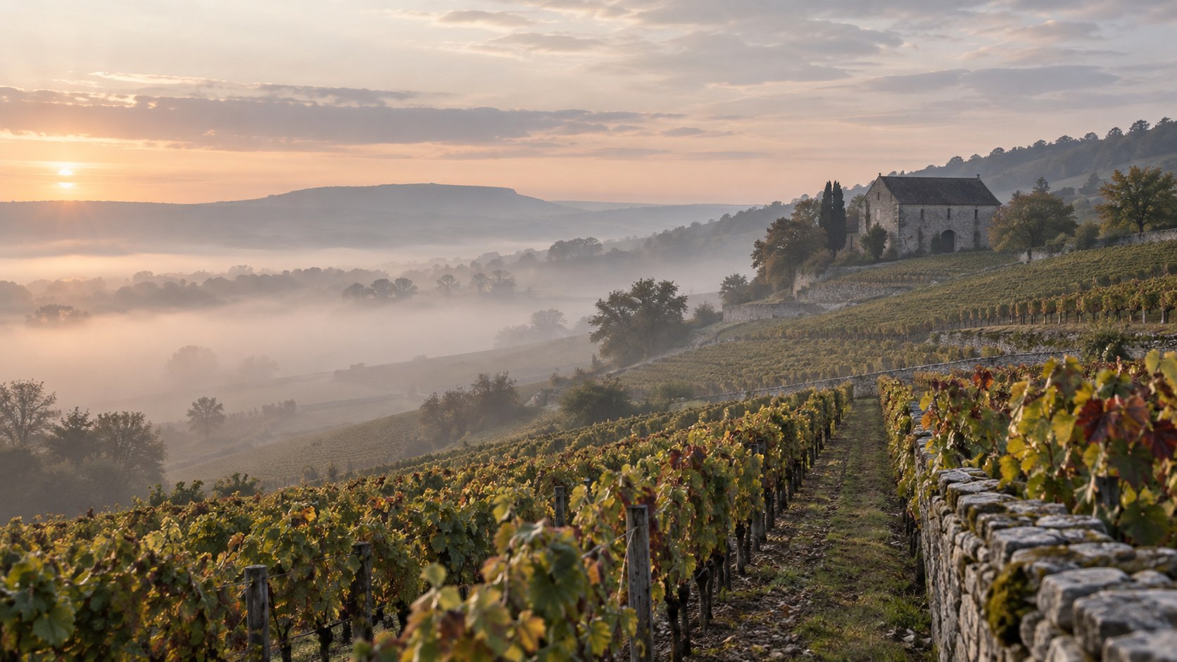 Vineyard rows and a stone wine cellar at dawn